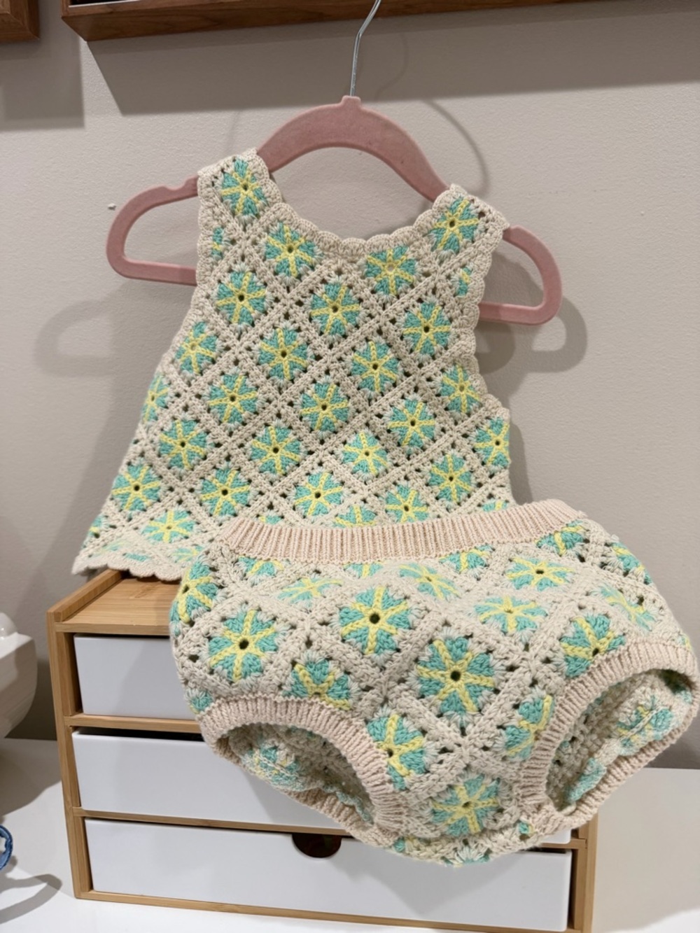Zara Crochet Diaper Cover Set in Cream, Mint & Yellow